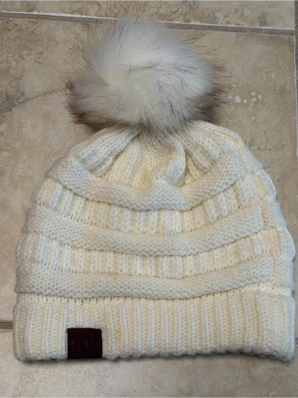 C.C Exclusives Women’s Knit Beanie Cream Faux Fur Pom Pom Winter Hat One Size